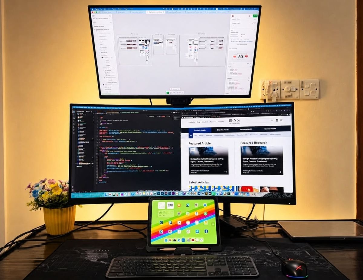 Mosharaf Hossain’s desk: a design file on the top monitor, code and a live client site on the ultrawide below